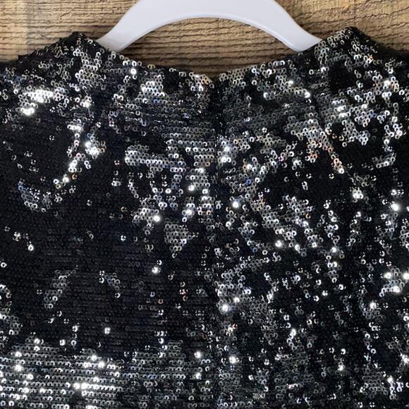 Badgley Mischka Black Sequin V-Neck Short Sleeve Shift Dress SZ 12 - Picture 7 of 9